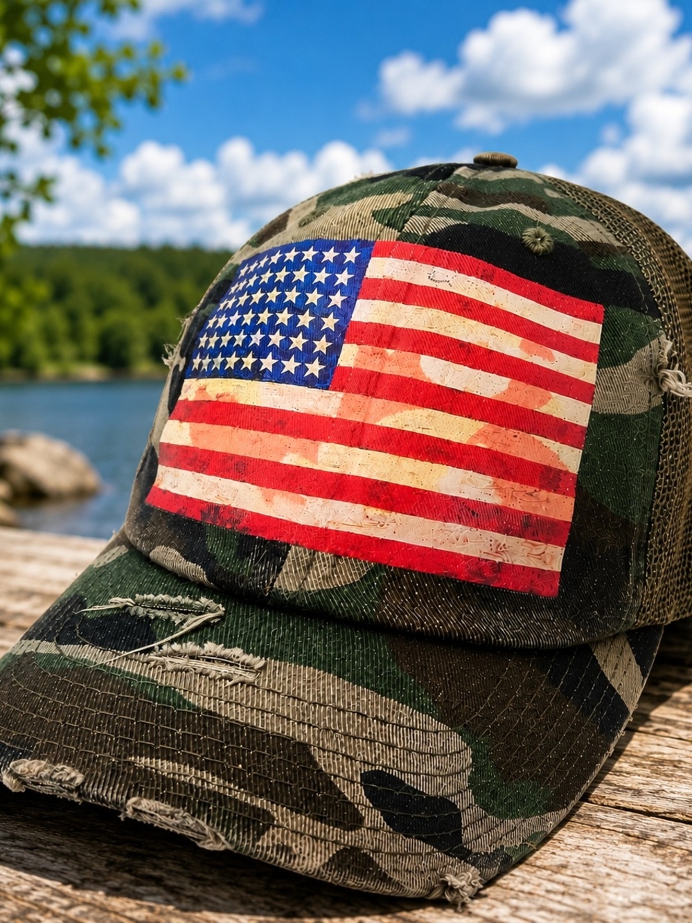 Kbethos Distressed American Flag Camo Trucker Snapback Hat
